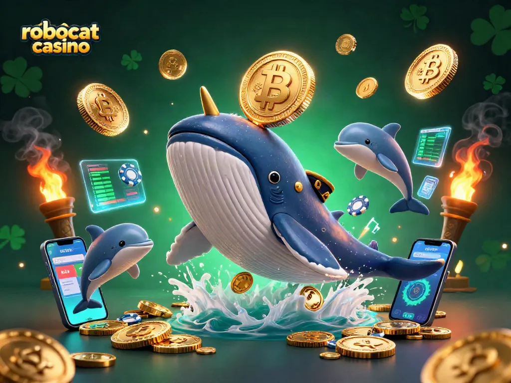 Engage with robocat casino's thrill through a vibrant scene of characters amidst coins and crypto elements.