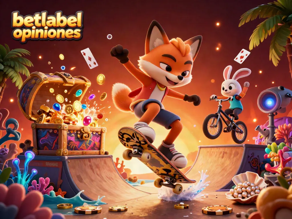 Engage with betlabel opiniones while enjoying 3D cartoon action featuring a skateboard fox and rabbit in a lively casino environment.
